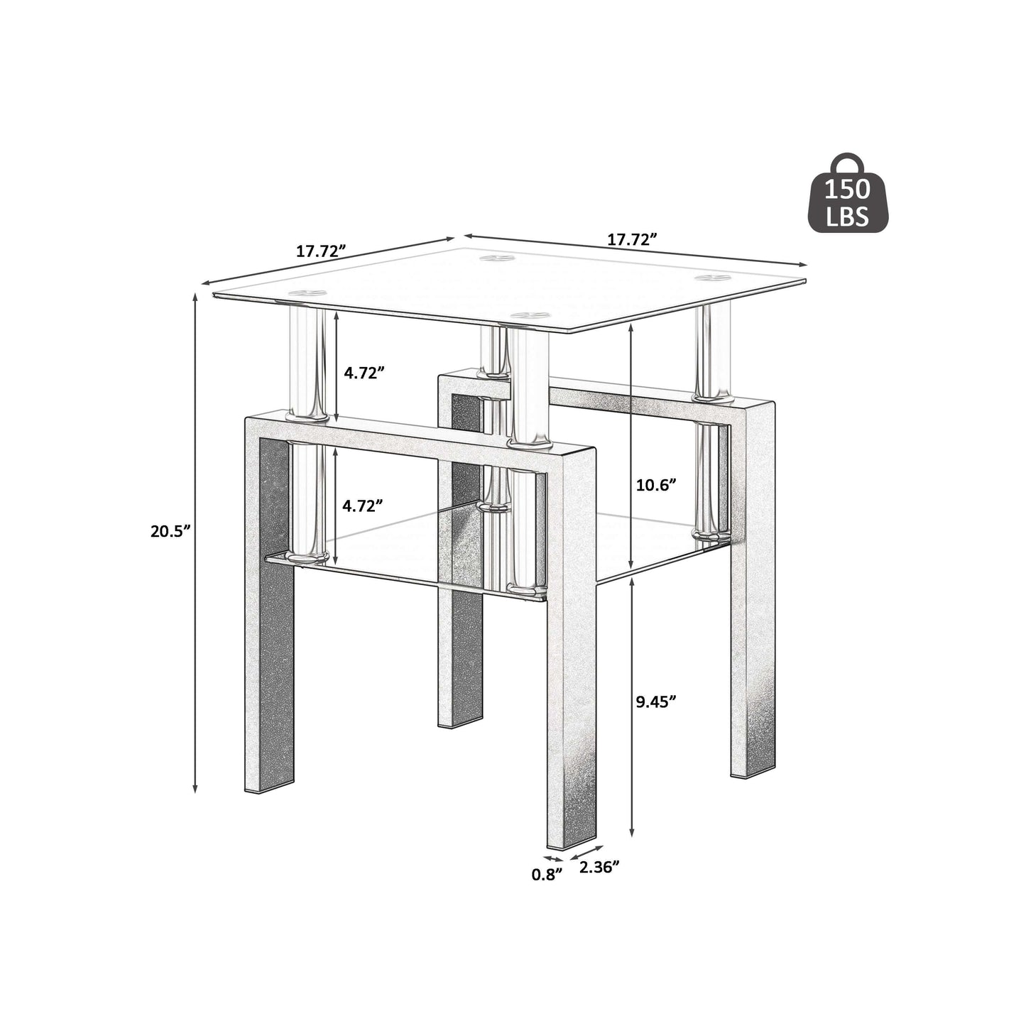 Measurement chart of a glass table with dimensions and weight capacity.