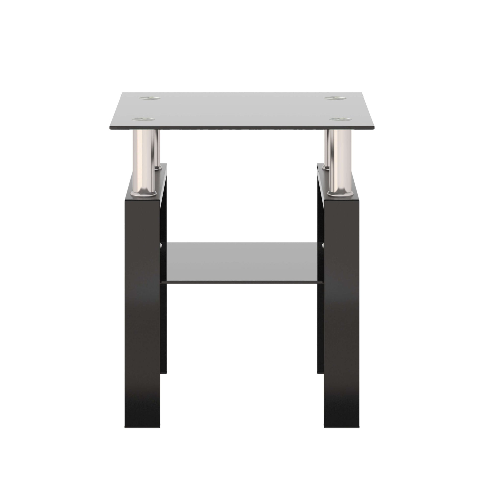 End table with a glass top and lower shelf with black metal legs on a white background