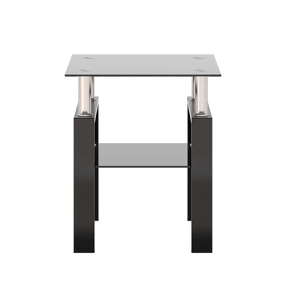End table with a glass top and lower shelf with black metal legs on a white background