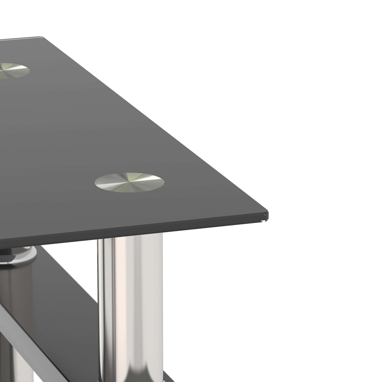 Black glass table with silver metal legs on a white background