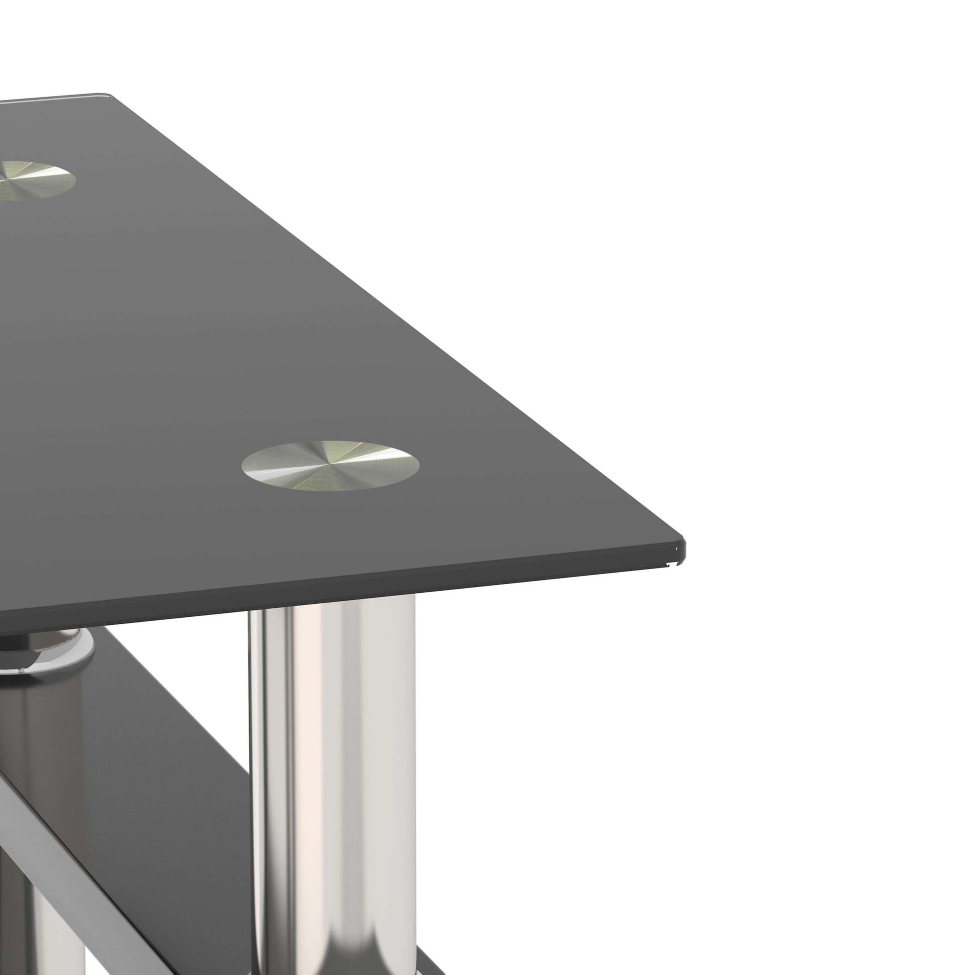 Black glass table with silver metal legs on a white background