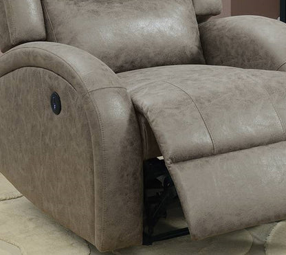 Close-up of a gray recliner chair with power button.