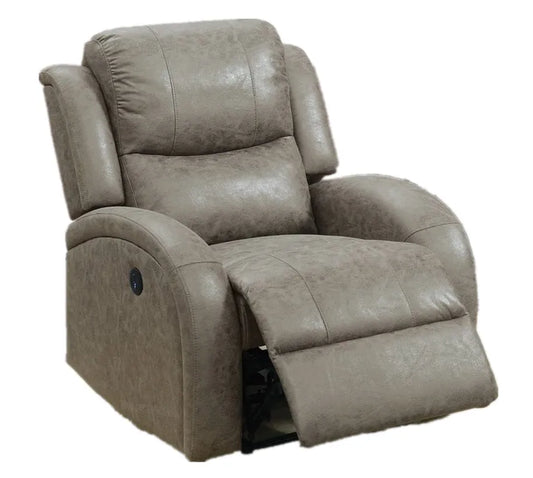 Gray leather recliner chair with footrest extended on a white background