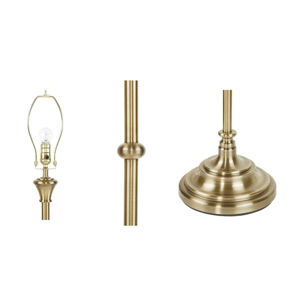 Set of brass lamp components including a complete lamp, shade, and base on a white background.
