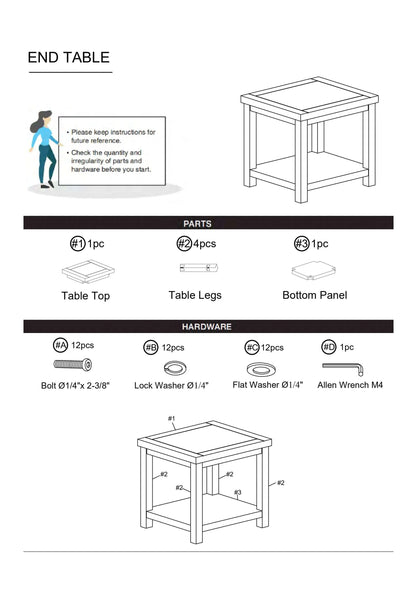 Technical diagram of a end table with parts and hardware list on a white background
