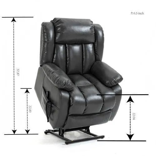 Gray leather lift recliner chair with dimensions indicated on a white background