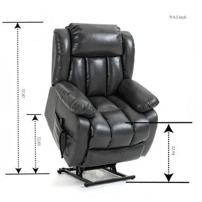 Gray leather lift recliner chair with dimensions indicated on a white background