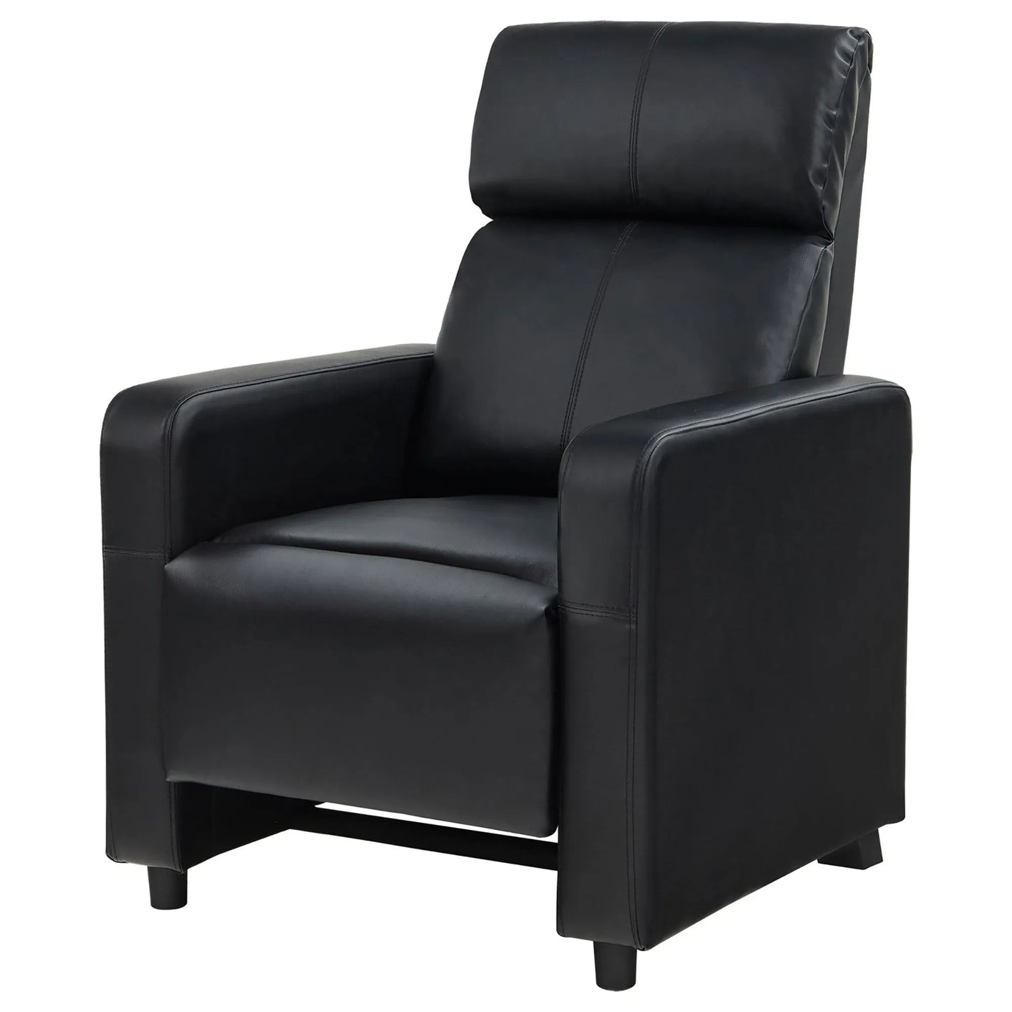 Black leather recliner chair angled to the right side on a white background