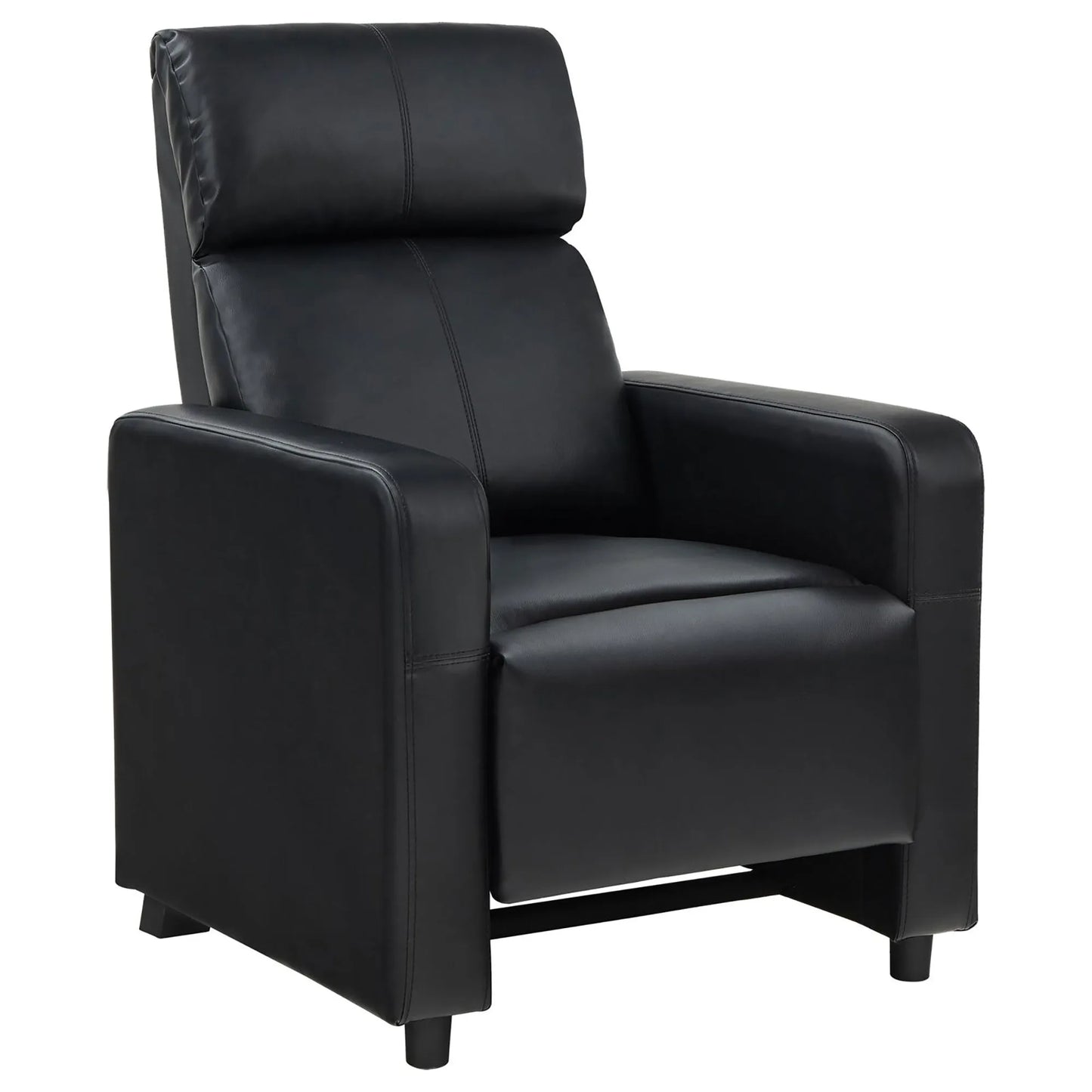 Black leather push back recliner chair with stitching on a white background