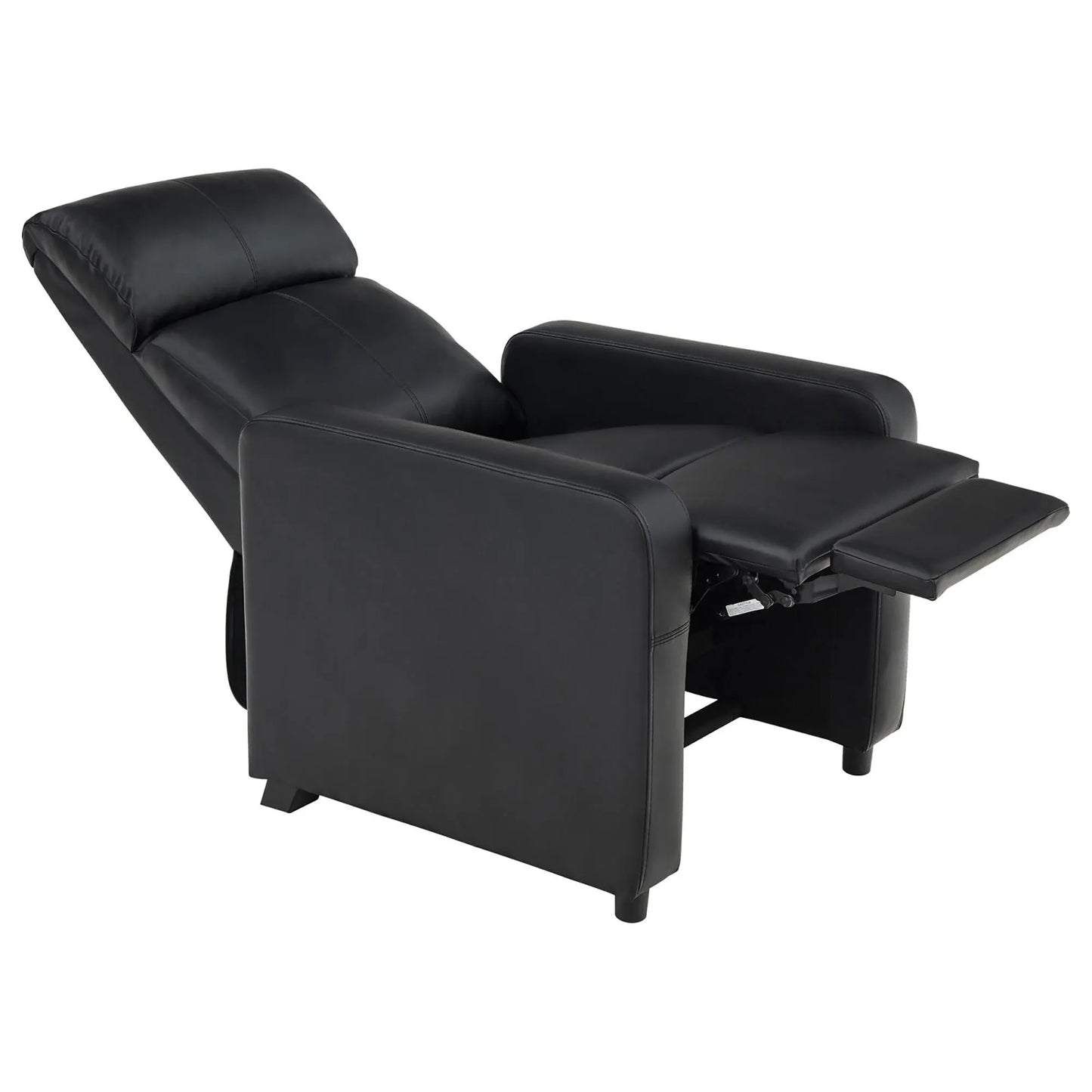 Black recliner chair with footrest extended on a white background