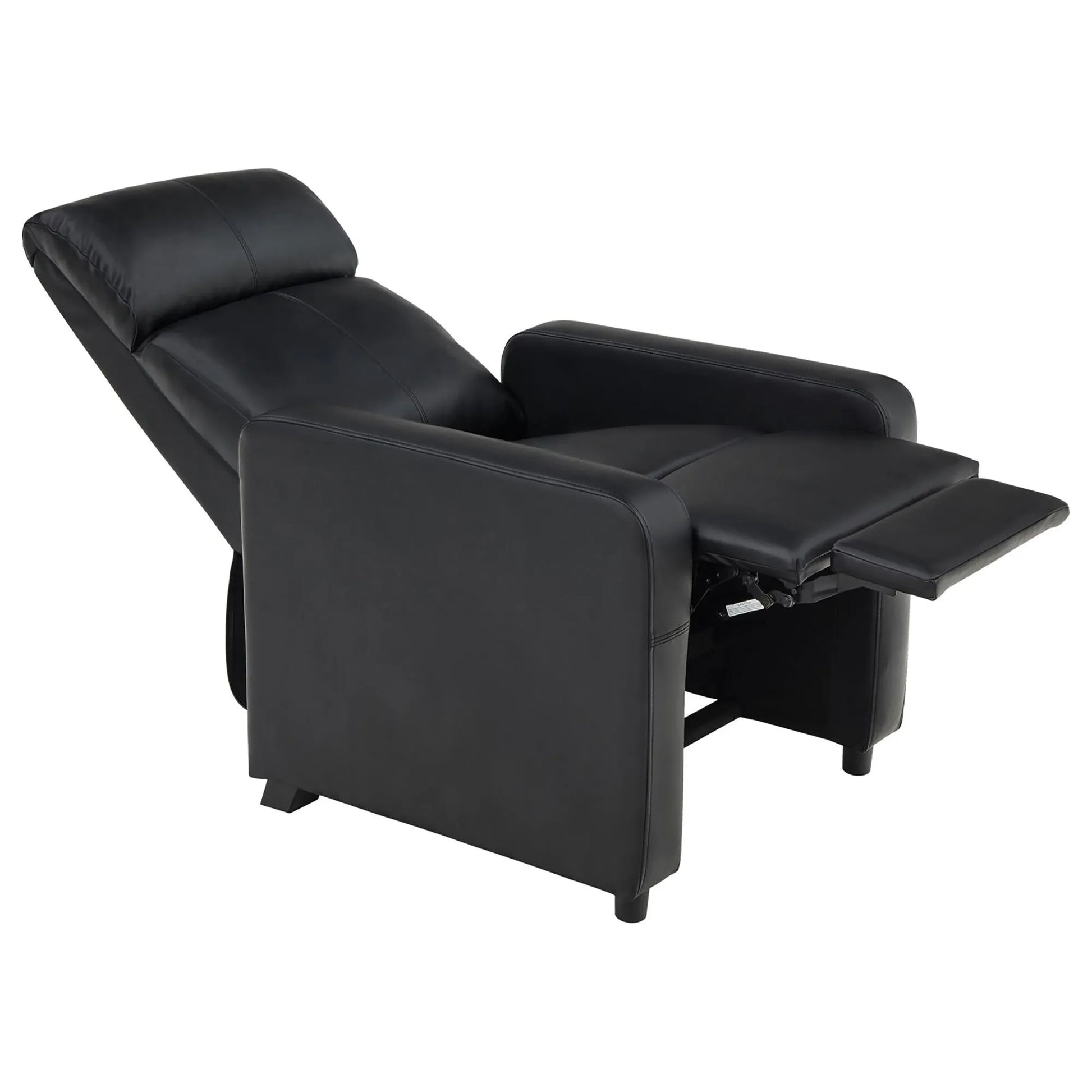 Black recliner chair with footrest extended on a white background