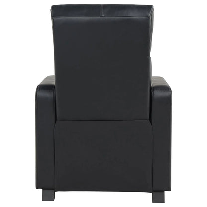 Back side view of a black leather recliner chair on a white background