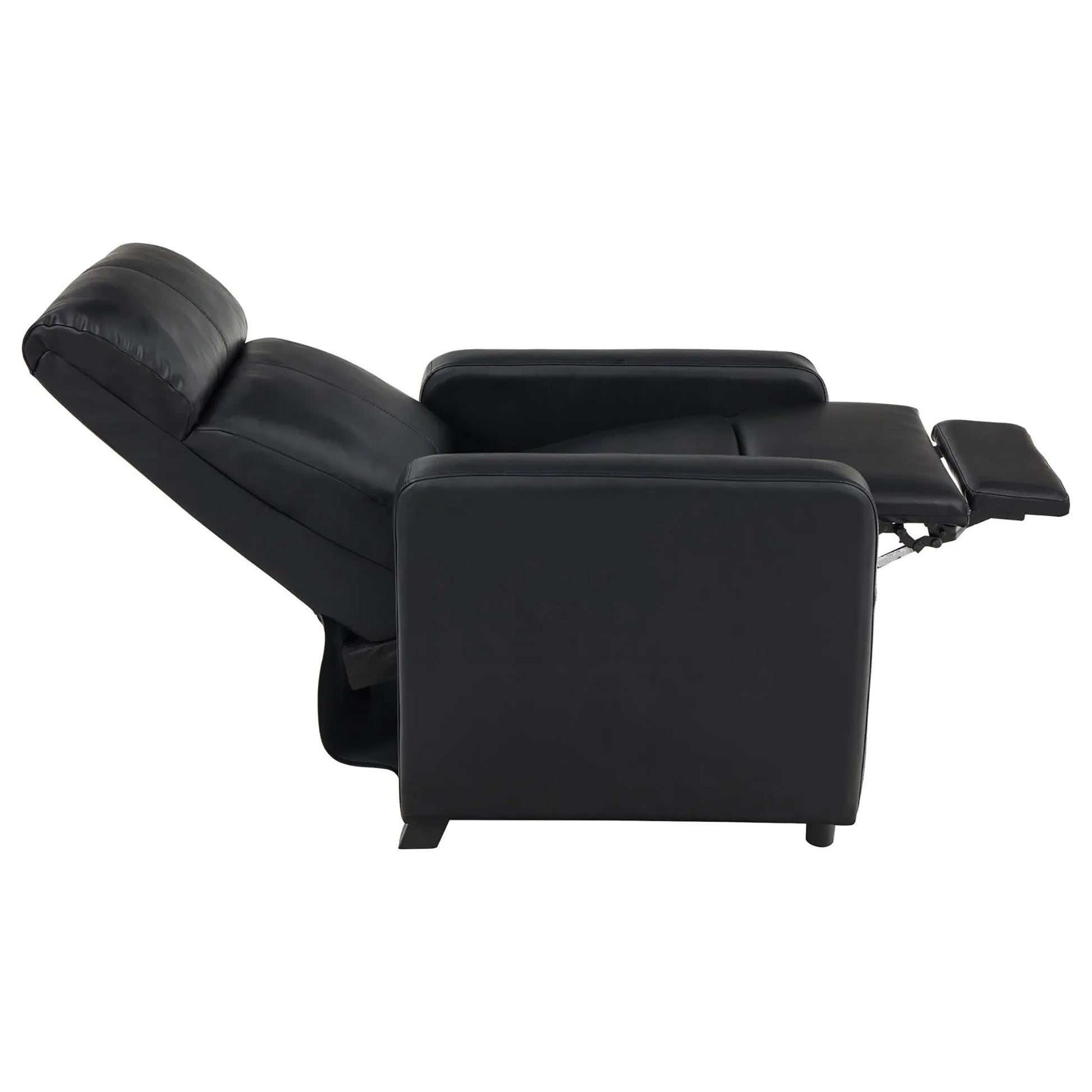 Side view of a black recliner chair fully reclined on a white background