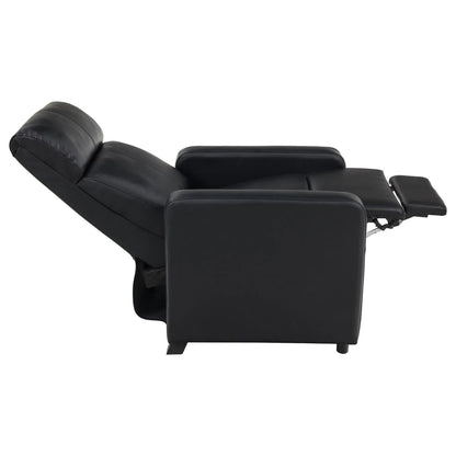 Side view of a black recliner chair fully reclined on a white background