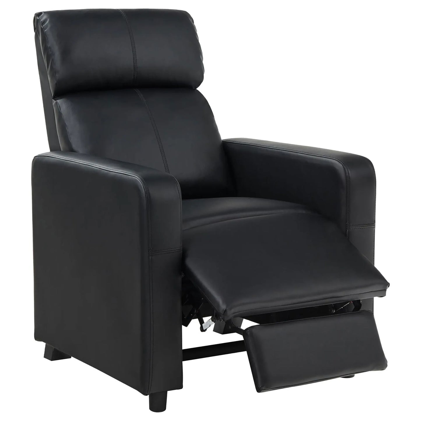 Black leather recliner chair with footrest extended on a white background