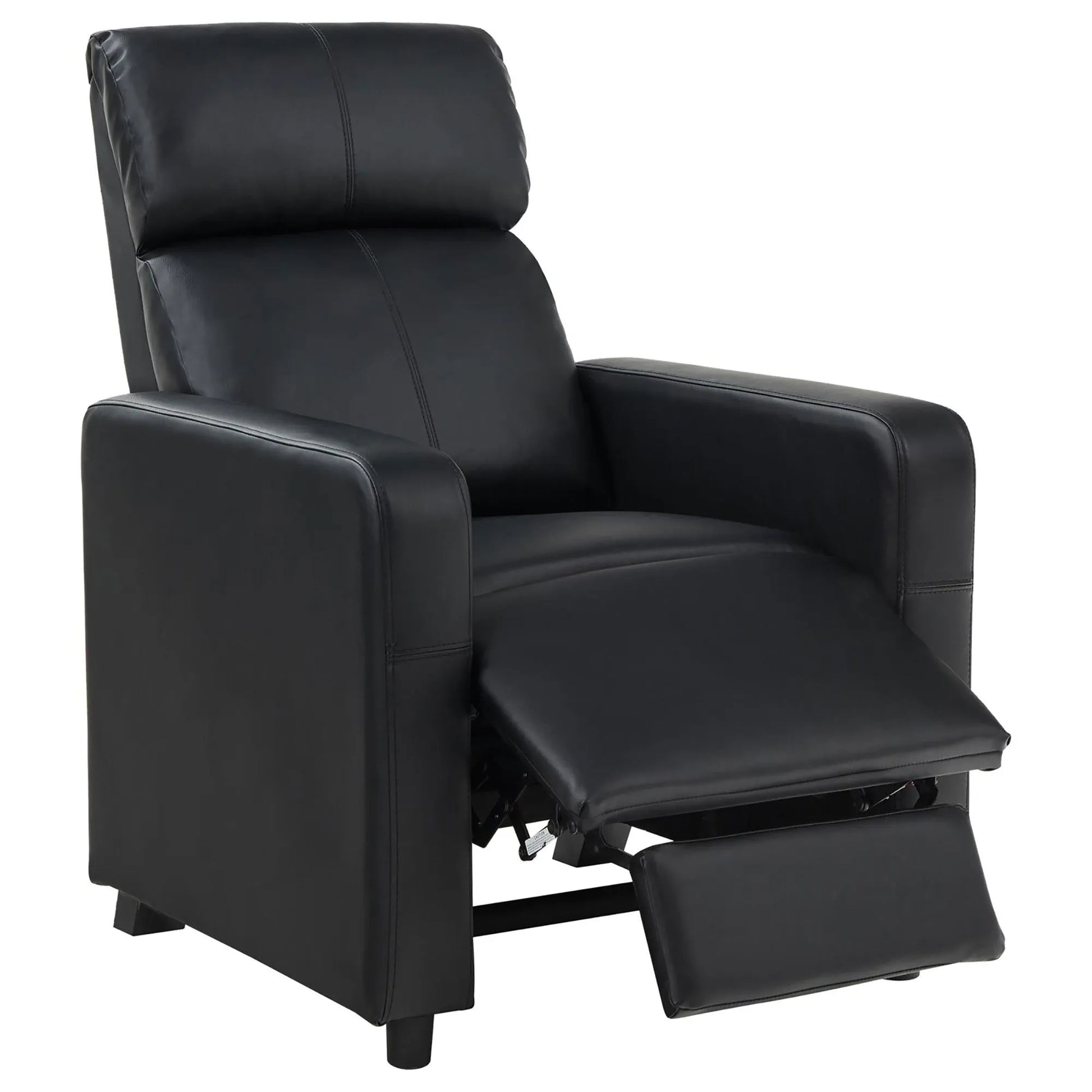 Black leather recliner chair with footrest extended on a white background