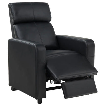 Black leather recliner chair with footrest extended on a white background