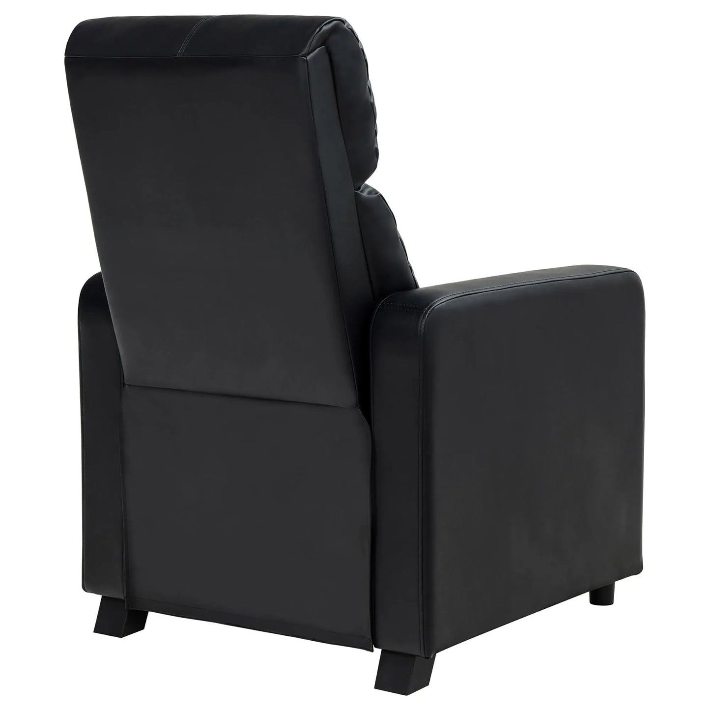 Black leather recliner chair with black legs on a white background