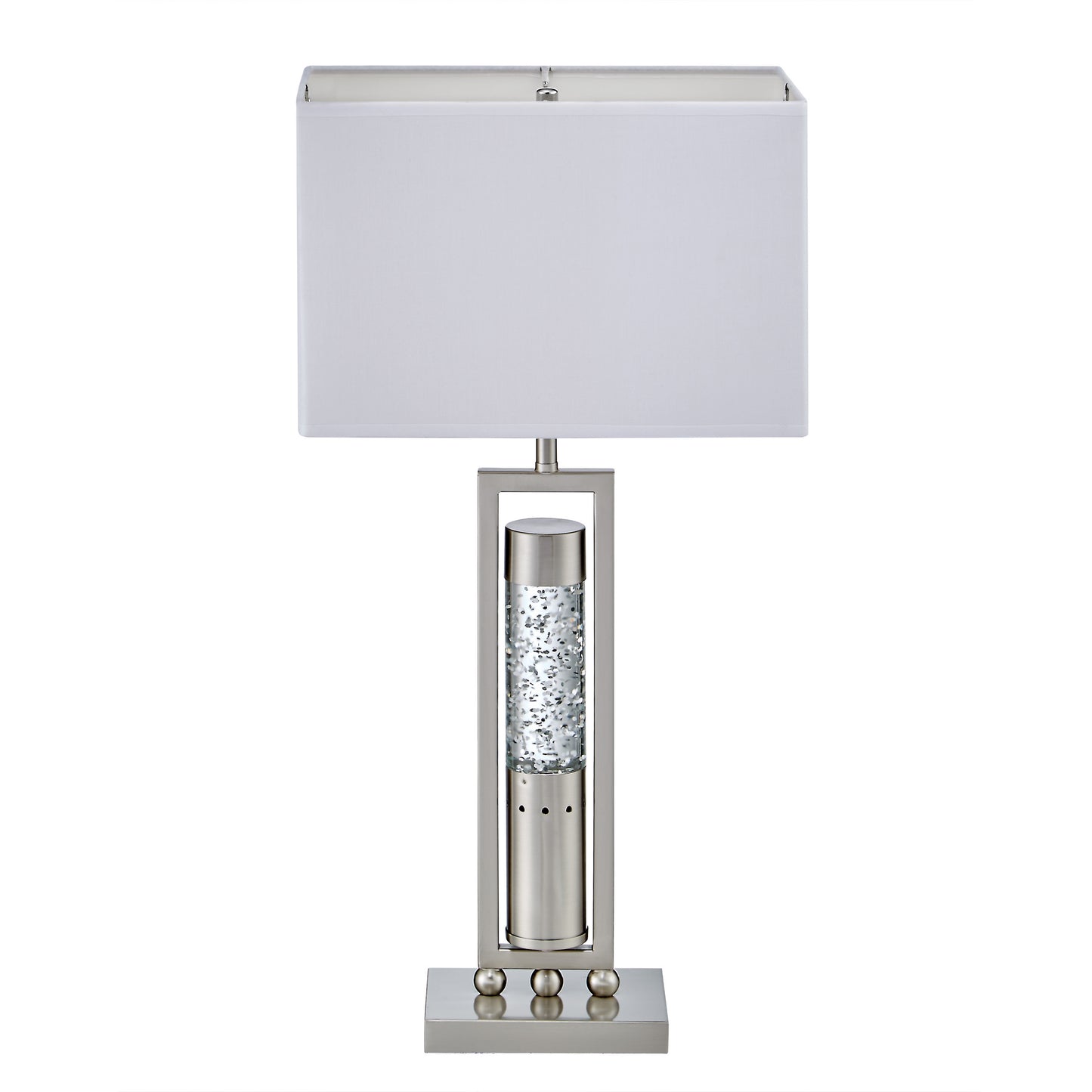 Table lamp with a white shade and decorative base on a white background