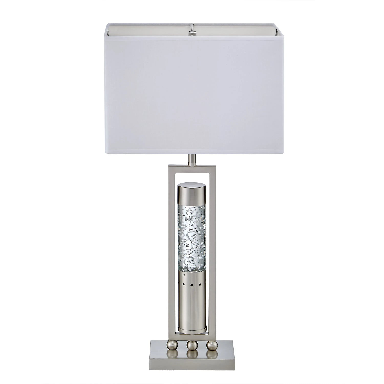 Table lamp with a white shade and decorative base on a white background
