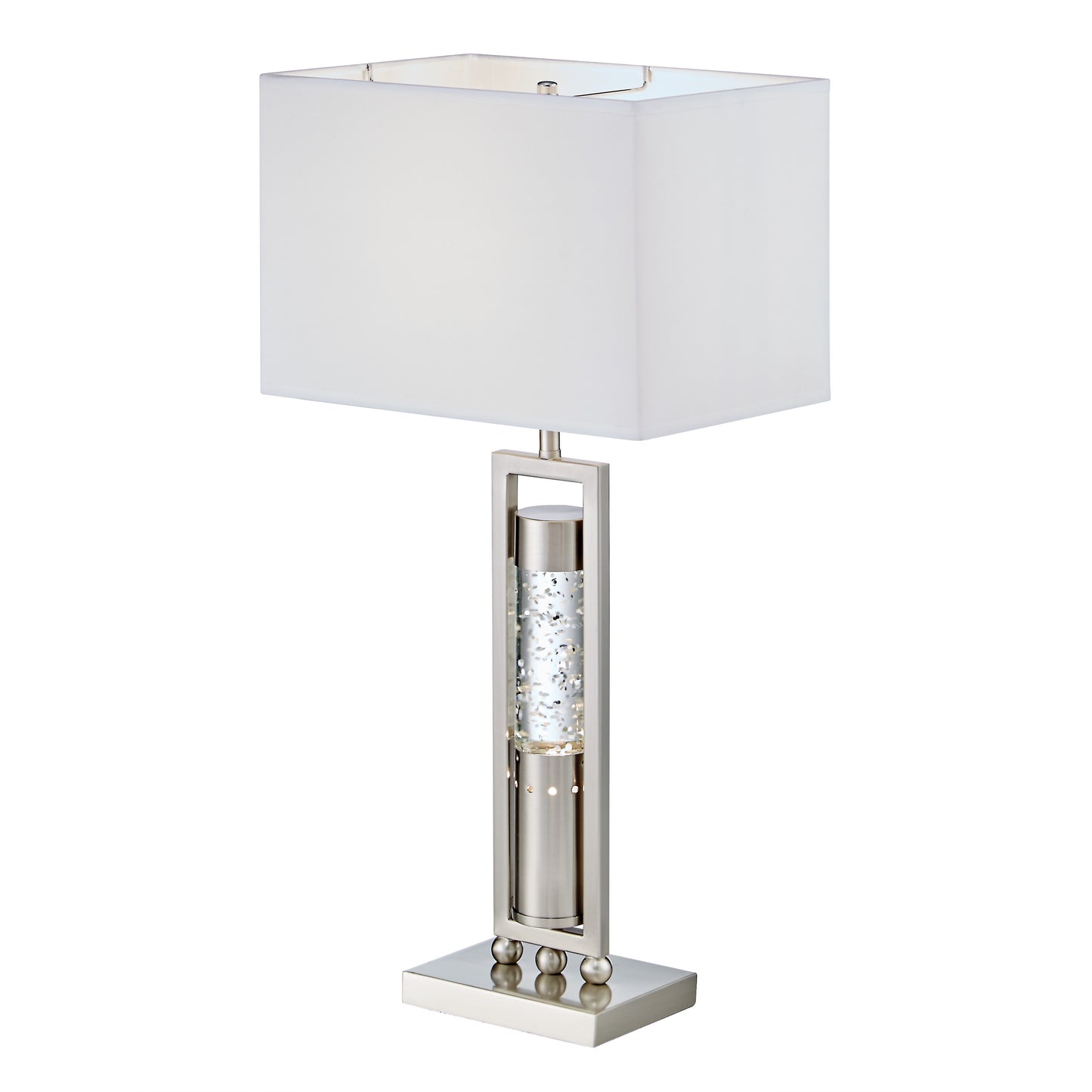 Table lamp with a white shade and decorative base on a white background
