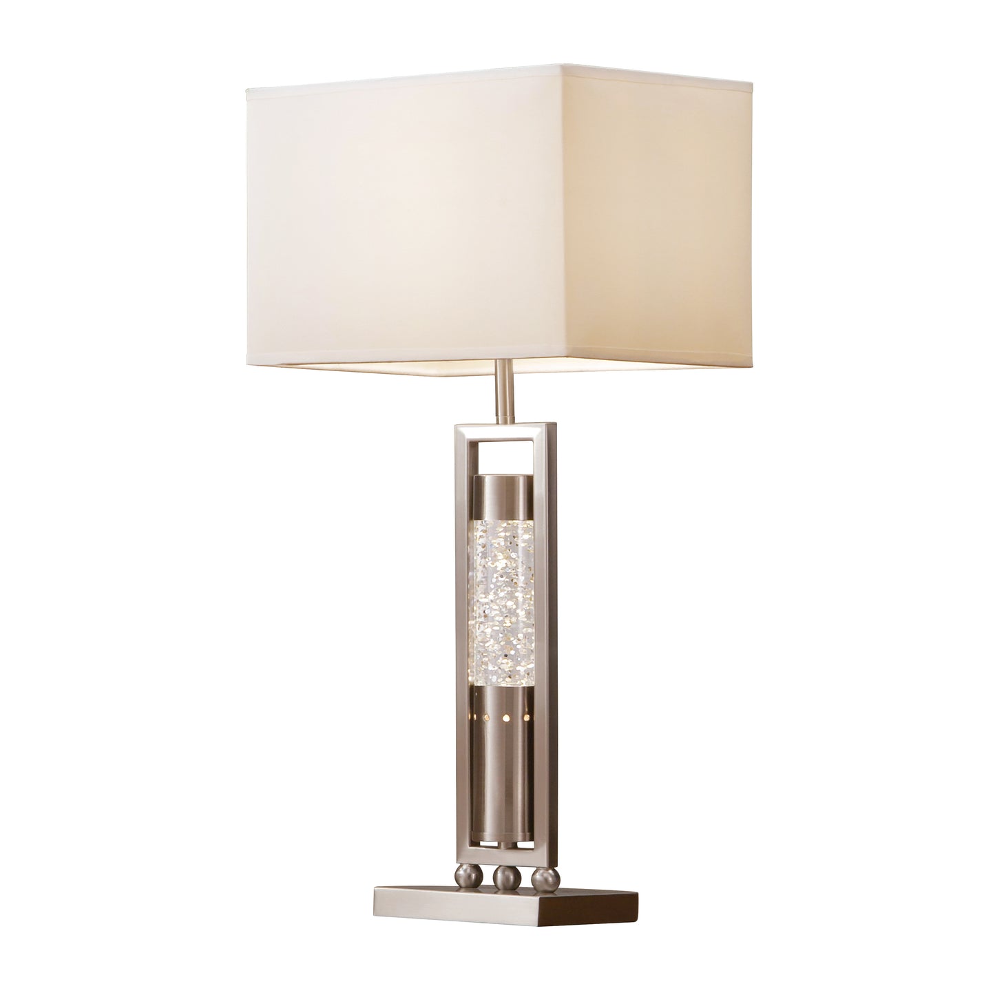 Table lamp with a beige shade and decorative base on a white background