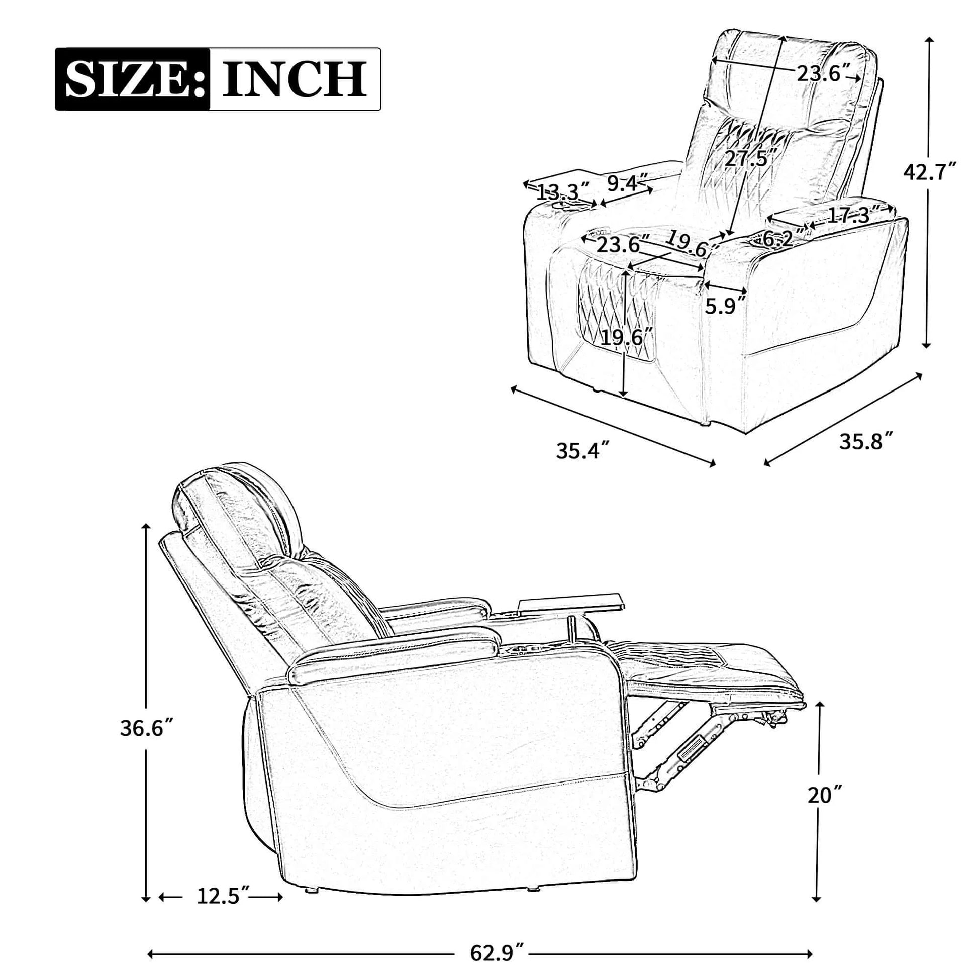 Line drawing of a brown faux leather power motion recliner chair with dimensions labeled in inches.