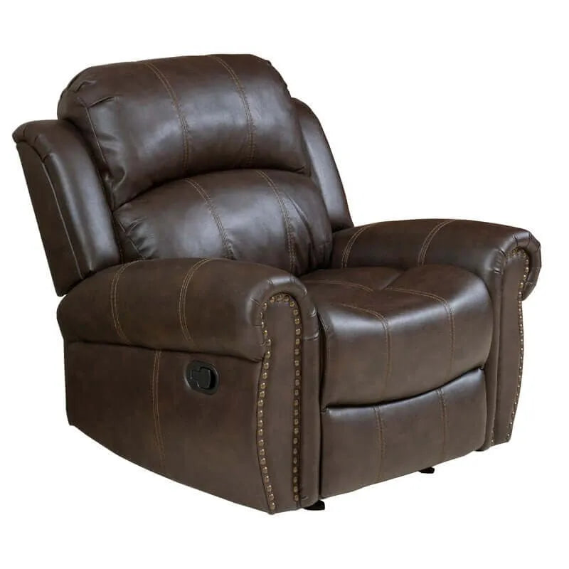 Front right angle view of a cozy brown faux leather glider recliner chair on a white background