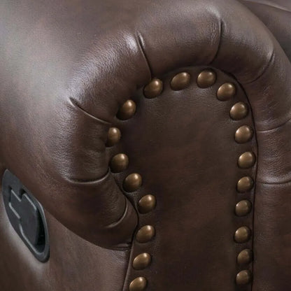 Close-up of a brown faux leather glider recliner with studded details