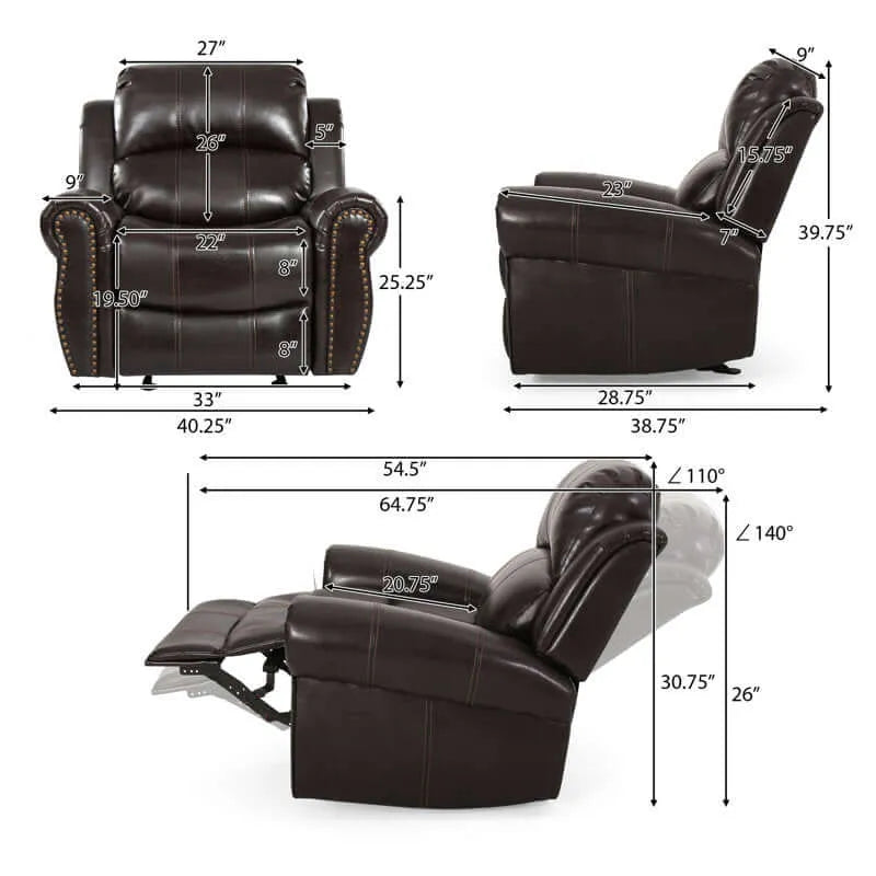 Brown faux leather glider recliner chair with dimensions labeled on a white background
