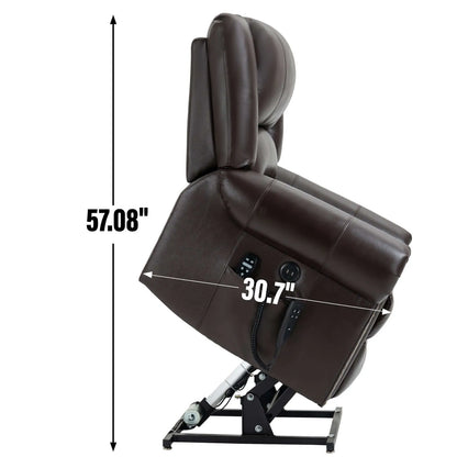 Brown massage reclining lift chair with dimensions in inches labeled on a white background