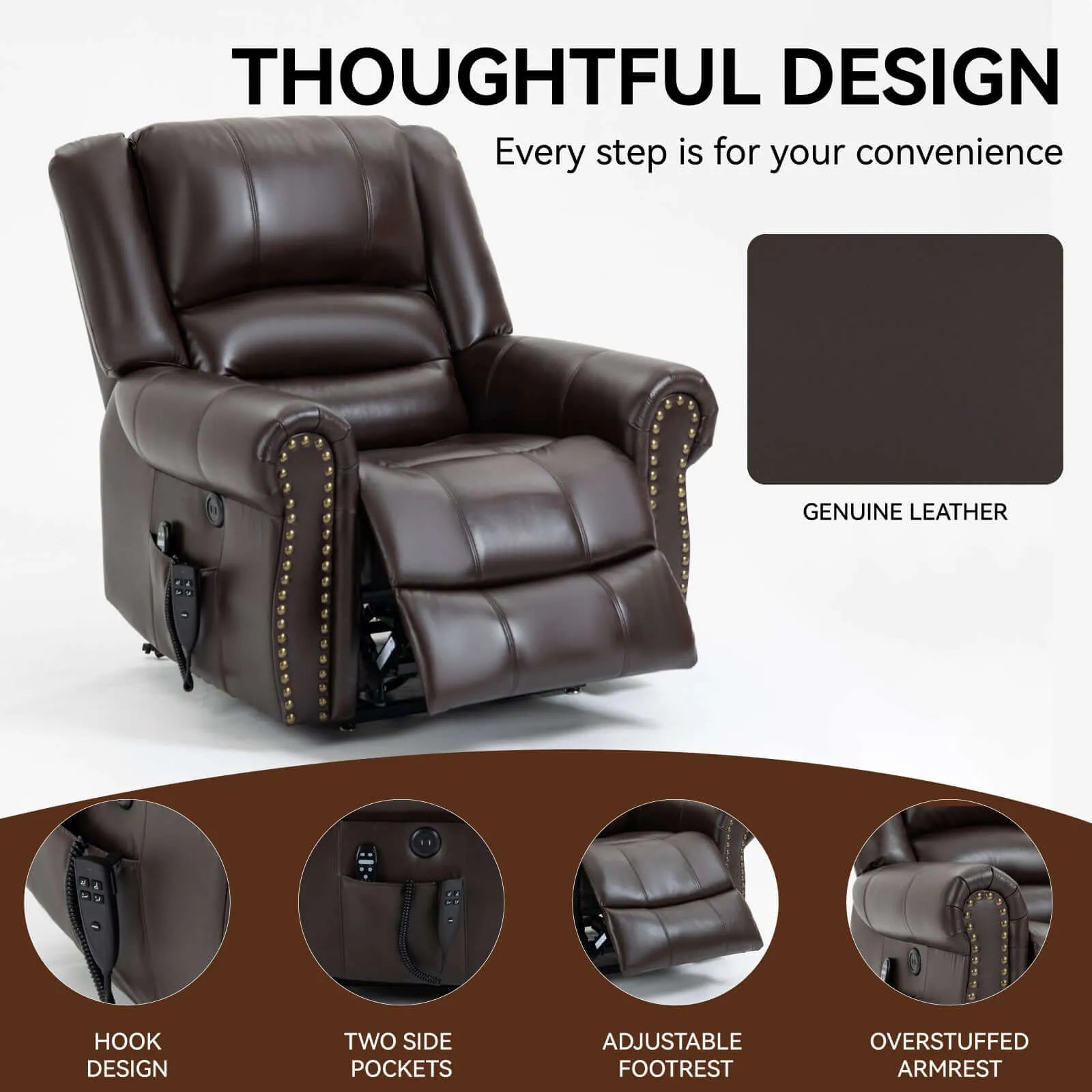 Brown leather recliner chair with features highlighted on a white background