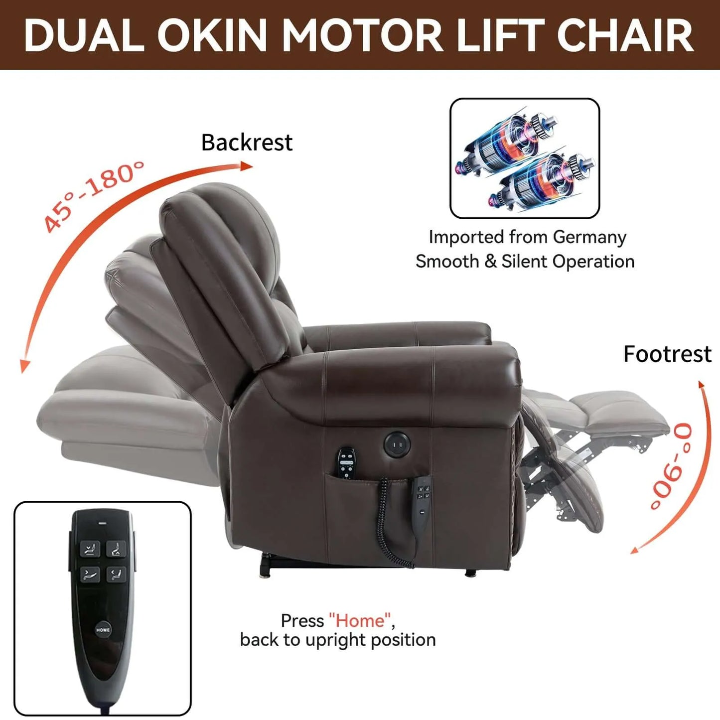 Brown Dual Okin Motor Lift Chair with features highlighted on a white background
