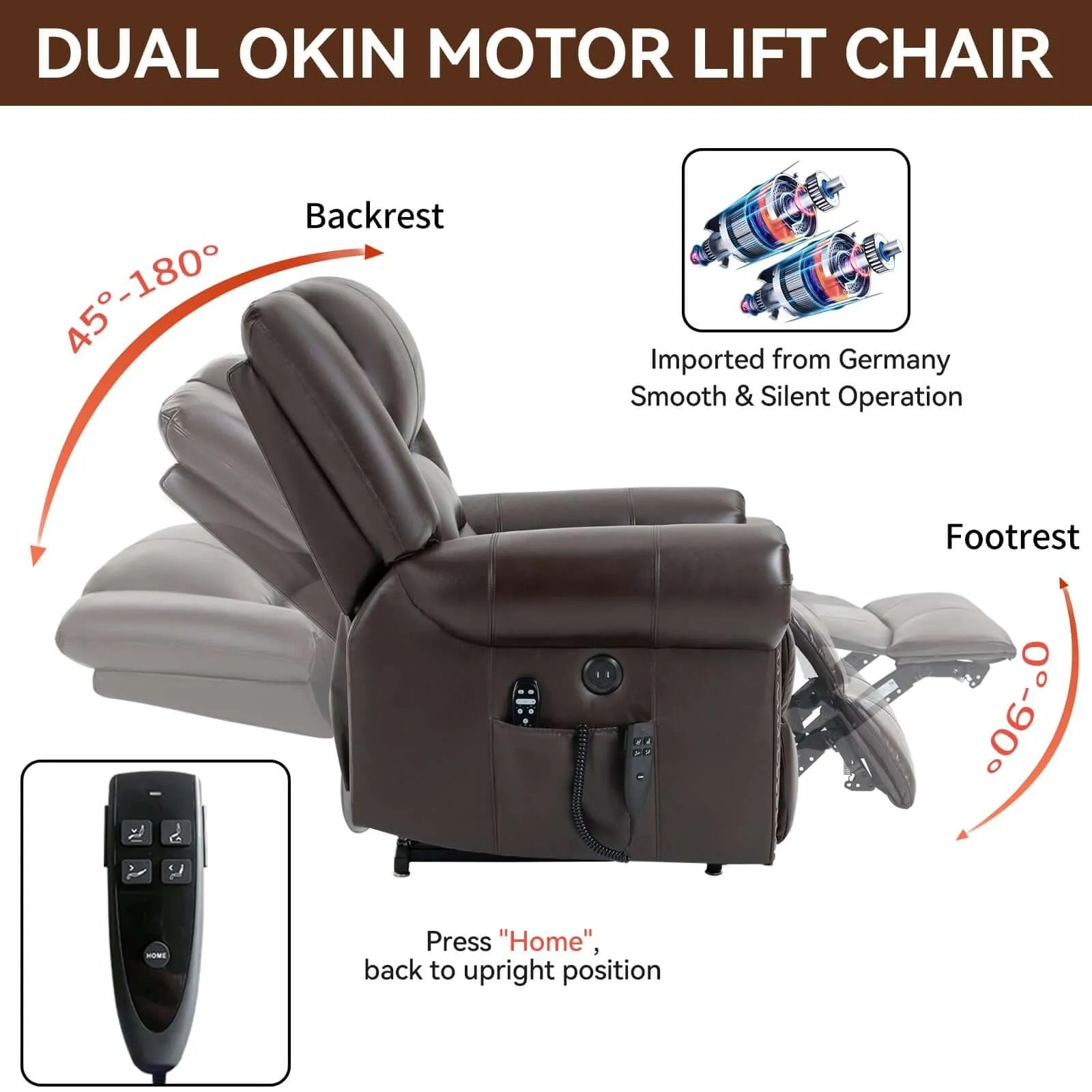 Brown Dual Okin Motor Lift Chair with features highlighted on a white background