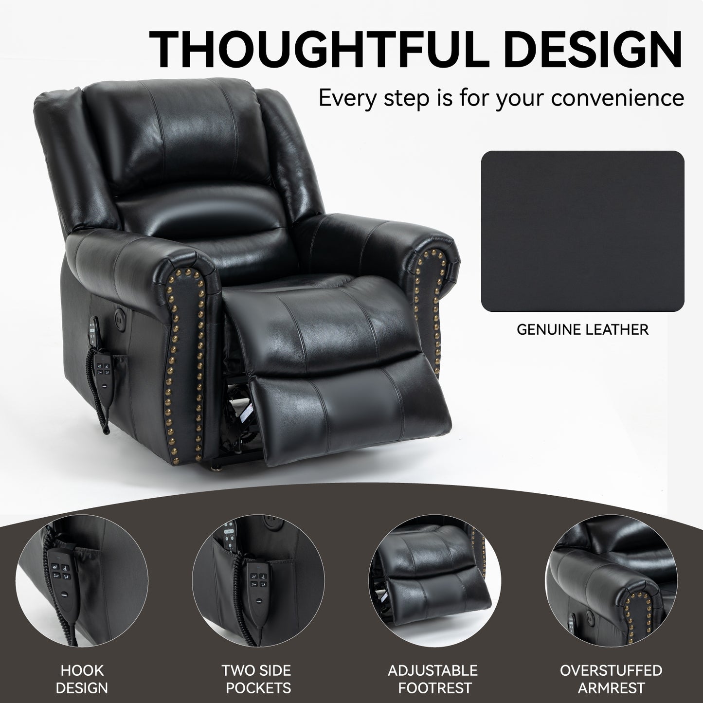 Black leather recliner chair with features highlighted on a gray background