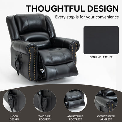 Black leather recliner chair with features highlighted on a gray background