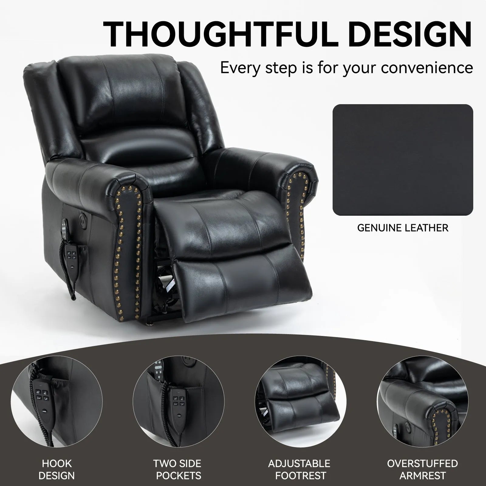 Black leather recliner chair with features highlighted on a gray background