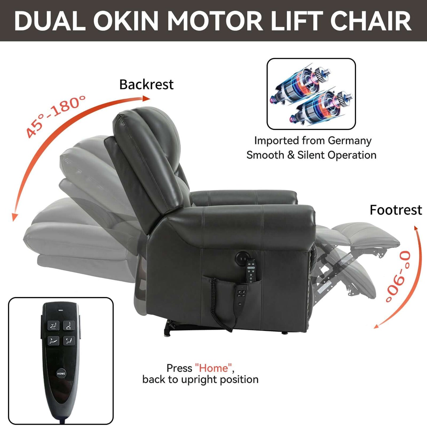 Power Lift Recliner Chair Heat Massage Dual Motor Infinite Position Up to 350 LBS, Genuine Leather, Heavy Duty Motion Mechanism with USB Ports, Black