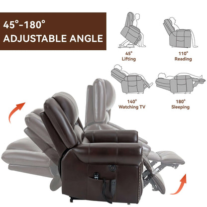 Brown genuine leather recliner chair with adjustable angle illustrations on a white background