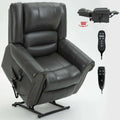 Gray recliner lift chair with remote controls on a white background