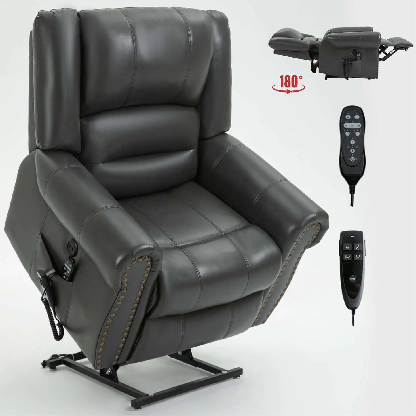 Gray recliner lift chair with remote controls on a white background