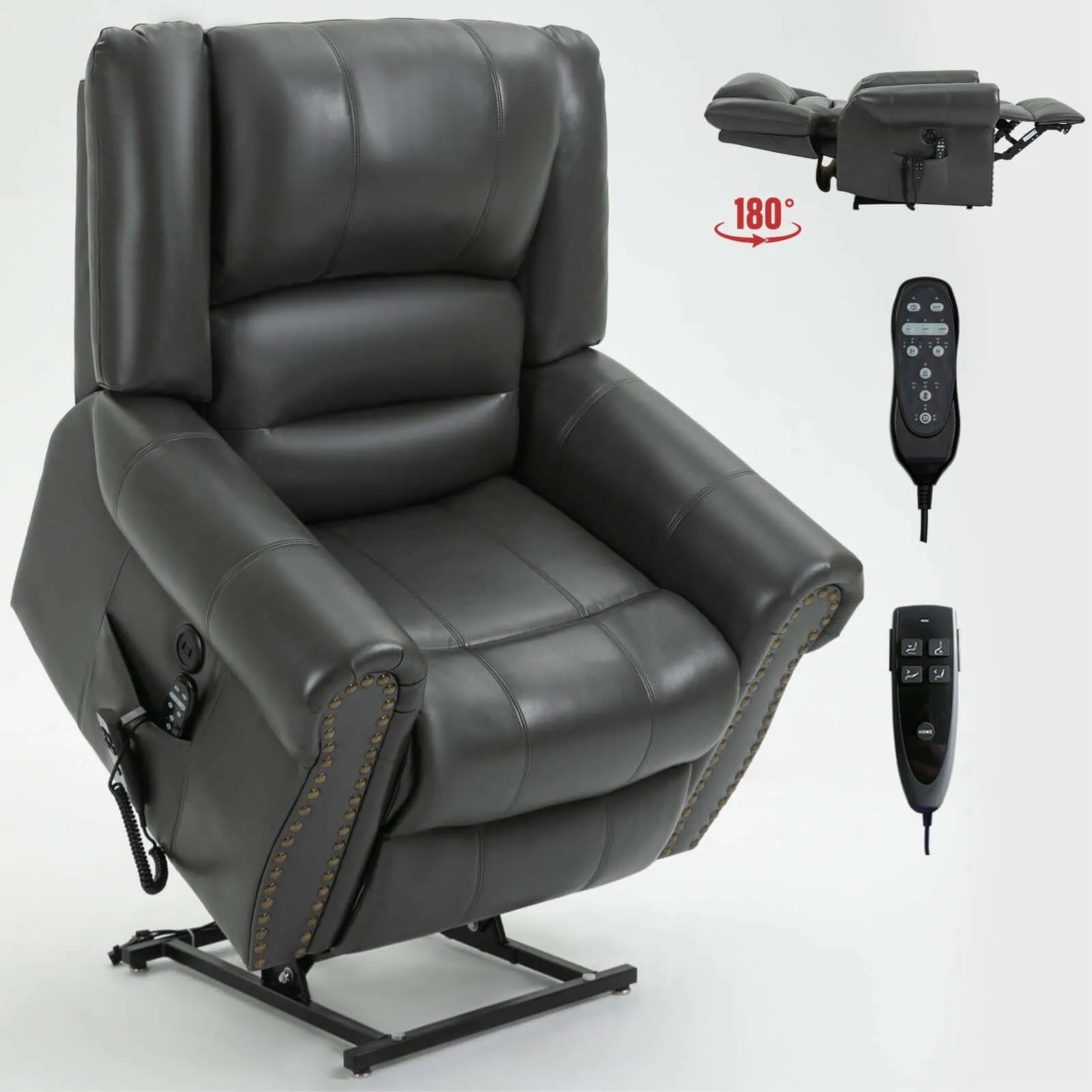 Gray recliner lift chair with remote controls on a white background