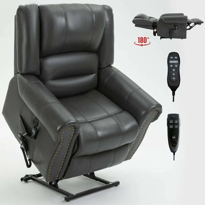 Gray recliner lift chair with remote controls on a white background