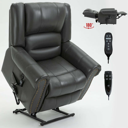 Power Lift Recliner Chair Heat Massage Dual Motor Infinite Position Up to 350 LBS, Genuine Leather, Heavy Duty Motion Mechanism with USB Ports, Black