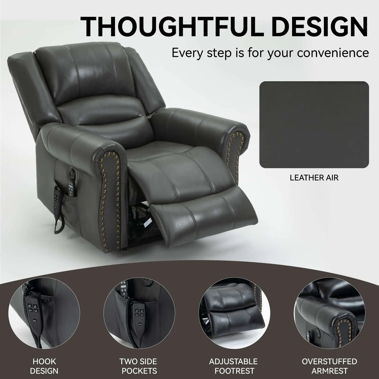Gray genuine leather recliner chair with features highlighted on a white background