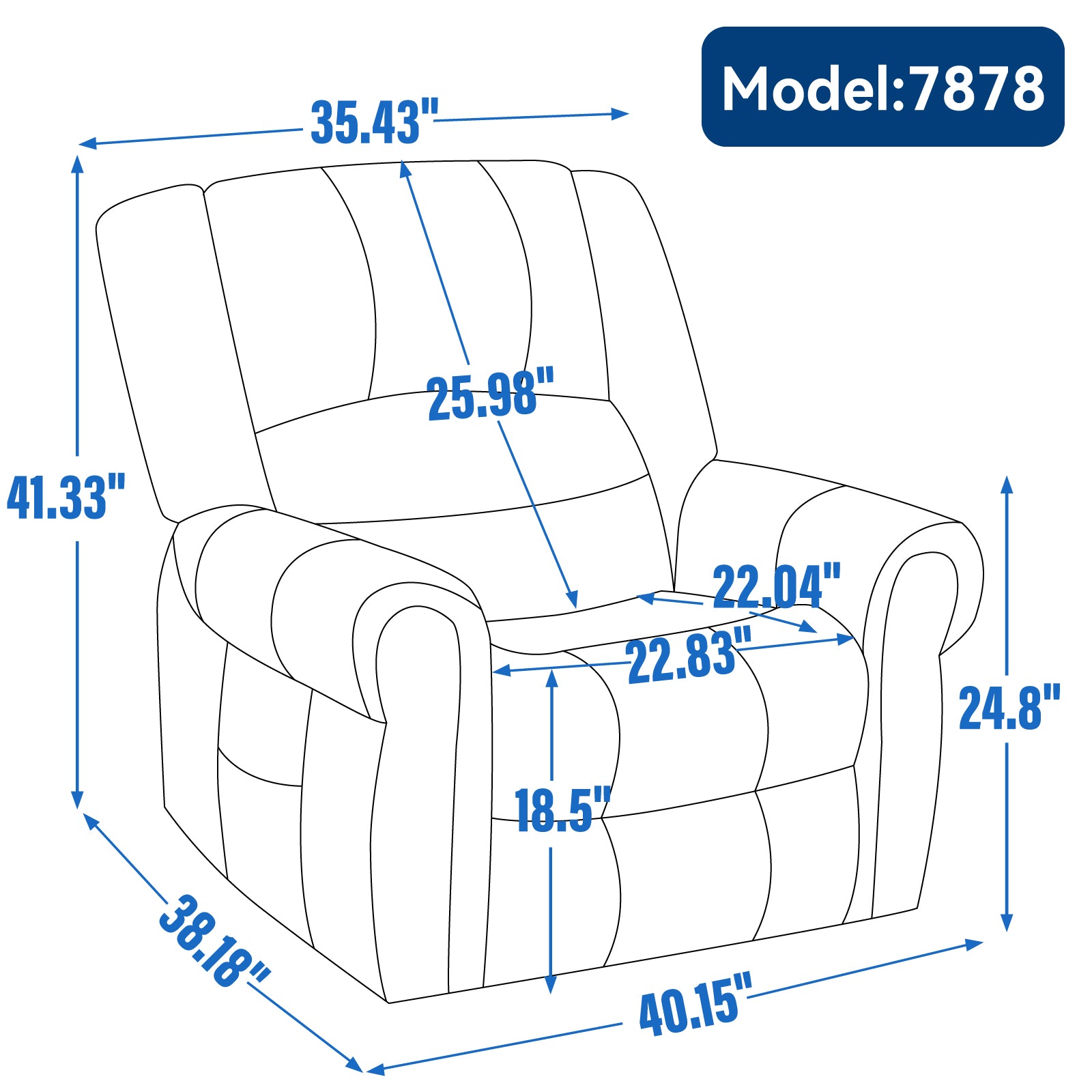 Recliner chair with dimensions labeled on a white background