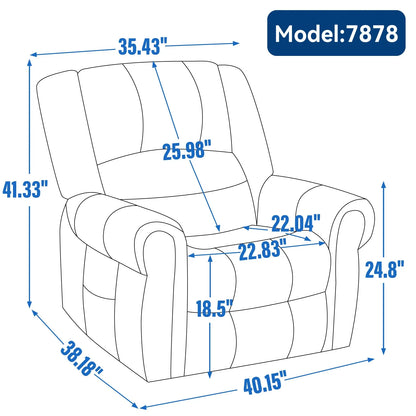 Recliner chair with dimensions labeled on a white background