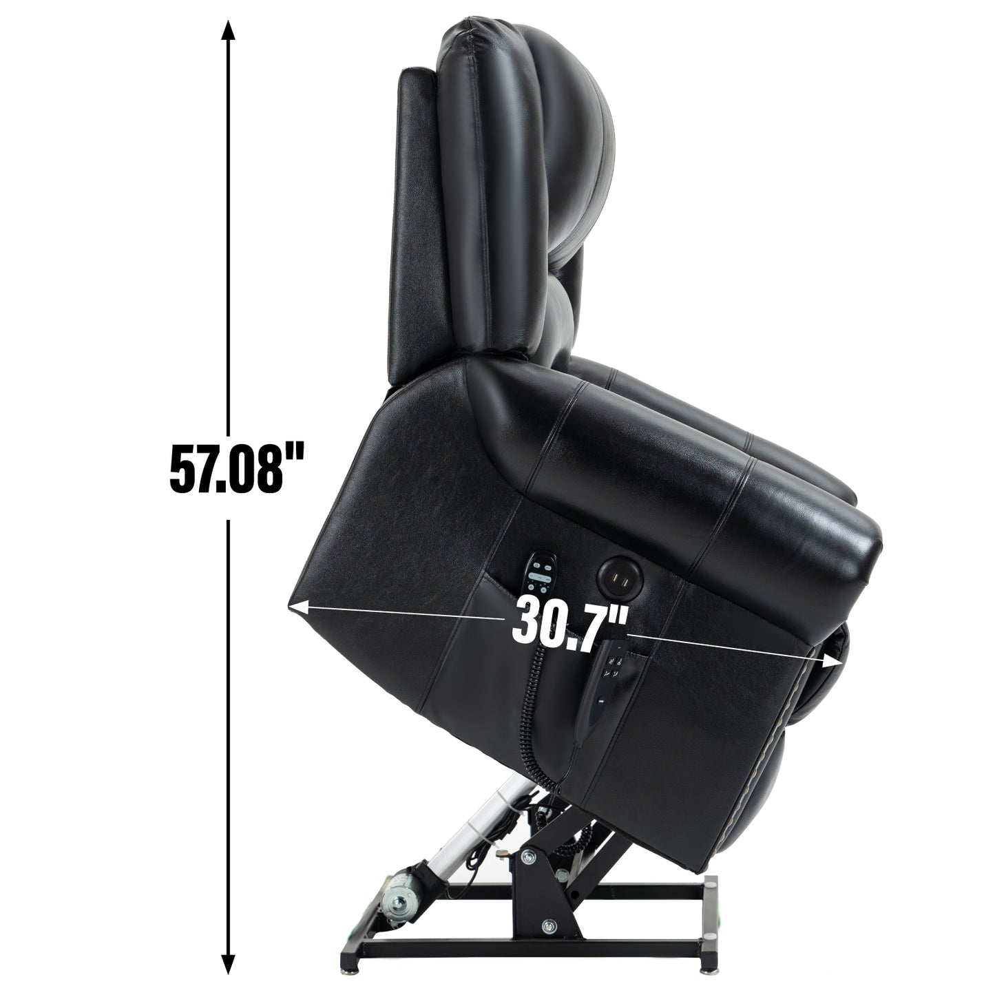 Side view of a black genuine leather massage recliner lift chair with dimensions indicated on a white background
