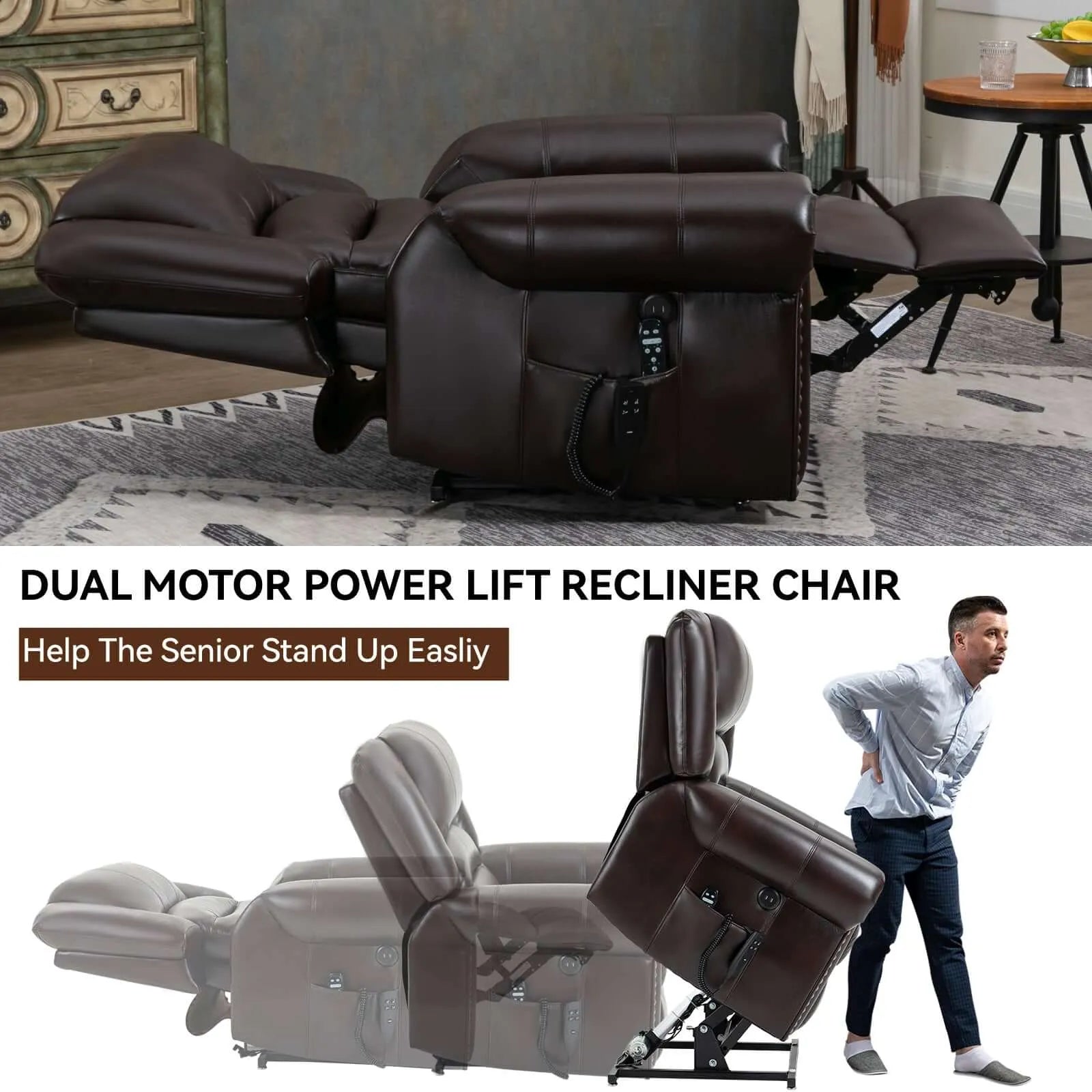 Brown dual motor power lift recliner chair with text on a gray background