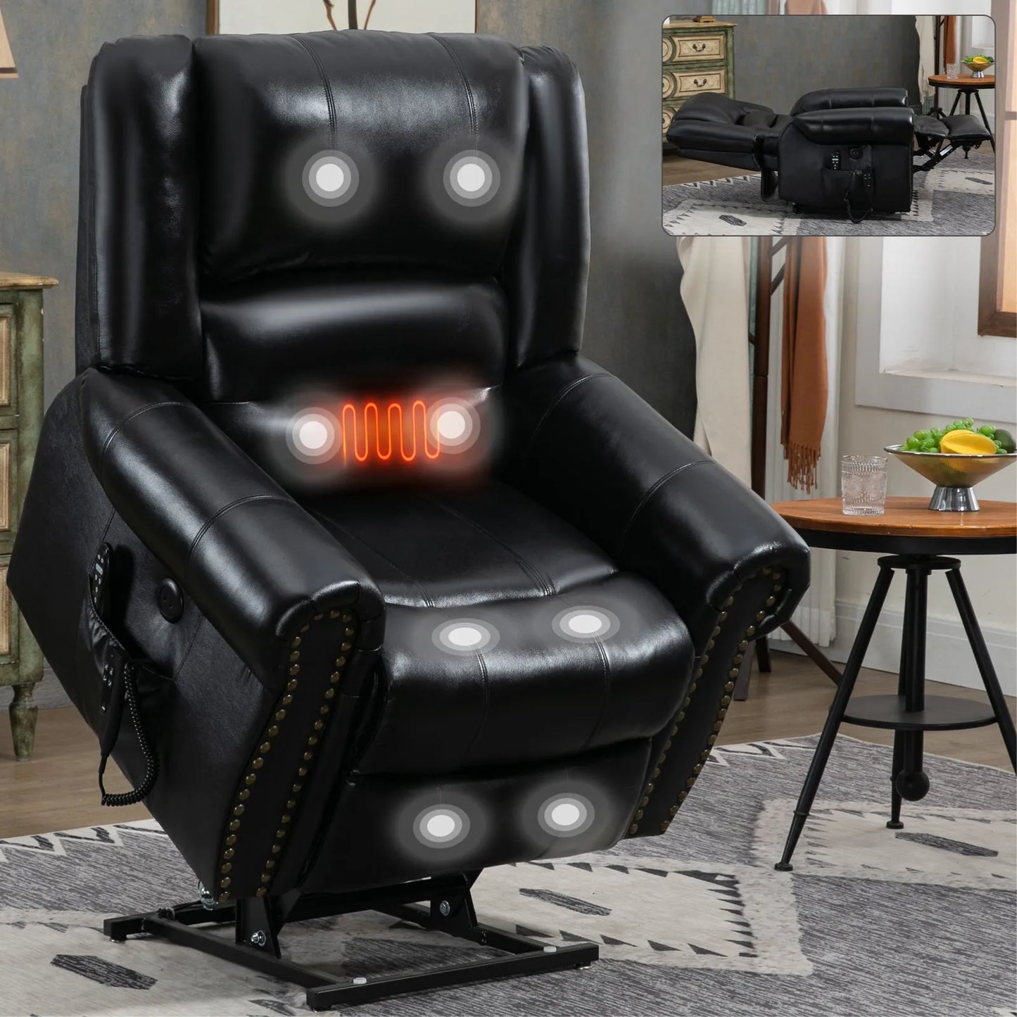 Black massage recliner lift chair with heating highlighted in a living room setting